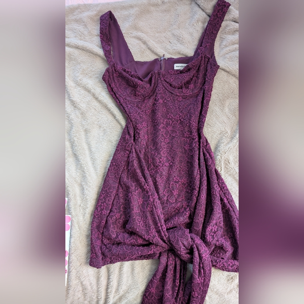 Mars The Label Plum Cinched Lace Mini Dress with Tie - Picture 5 of 6